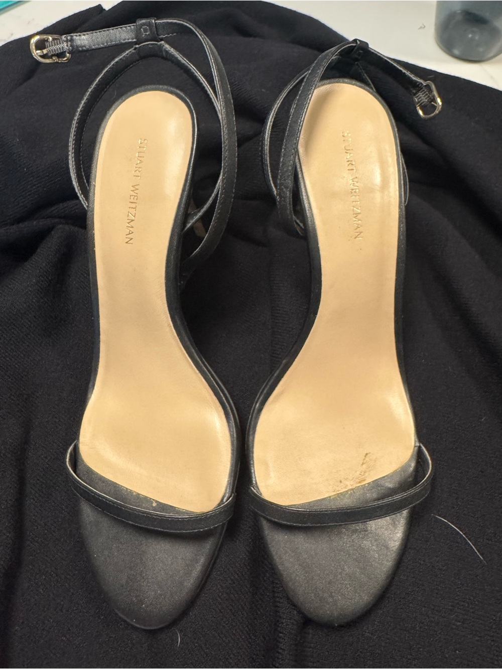 Stuart Weitzman Black Leather Single-Strap Ankle-Heel Sandals